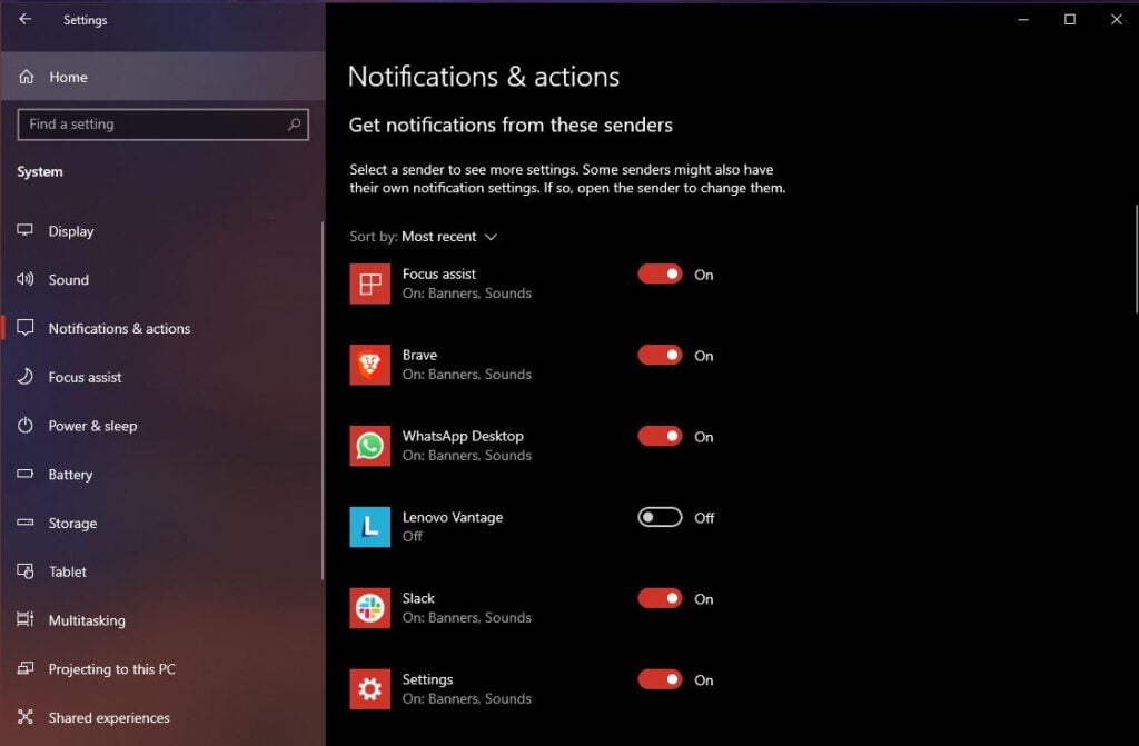 app notifications windows 10