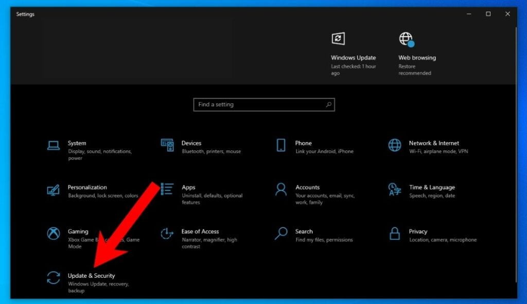 windows settings updates and security