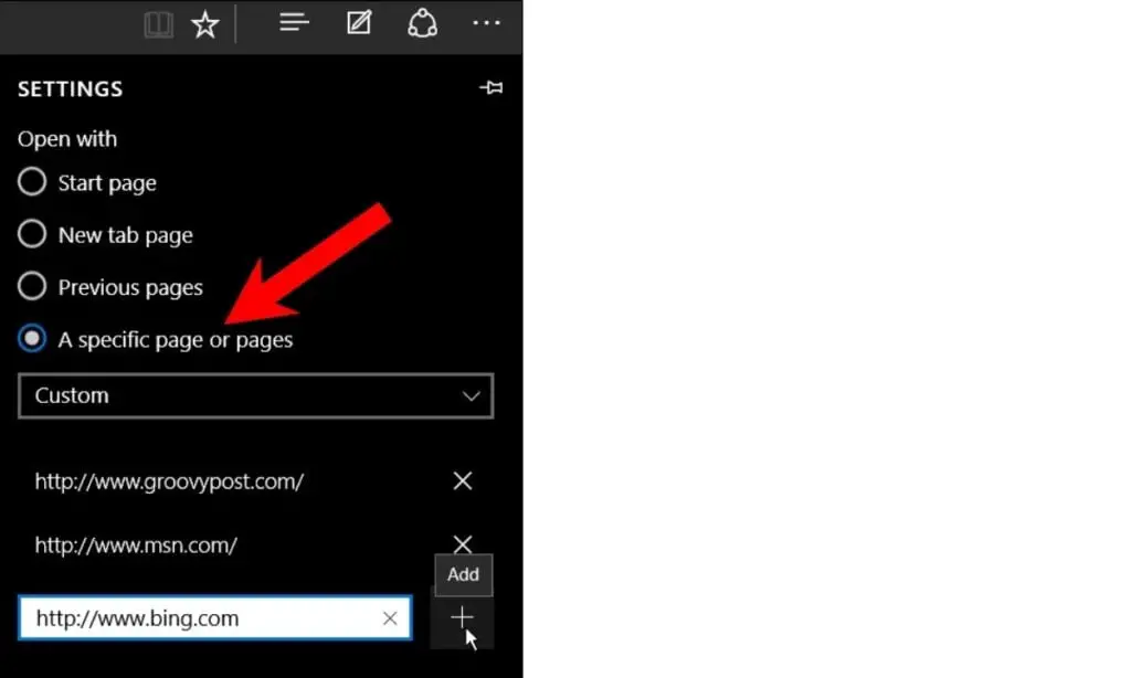microsoft edge open specific pages