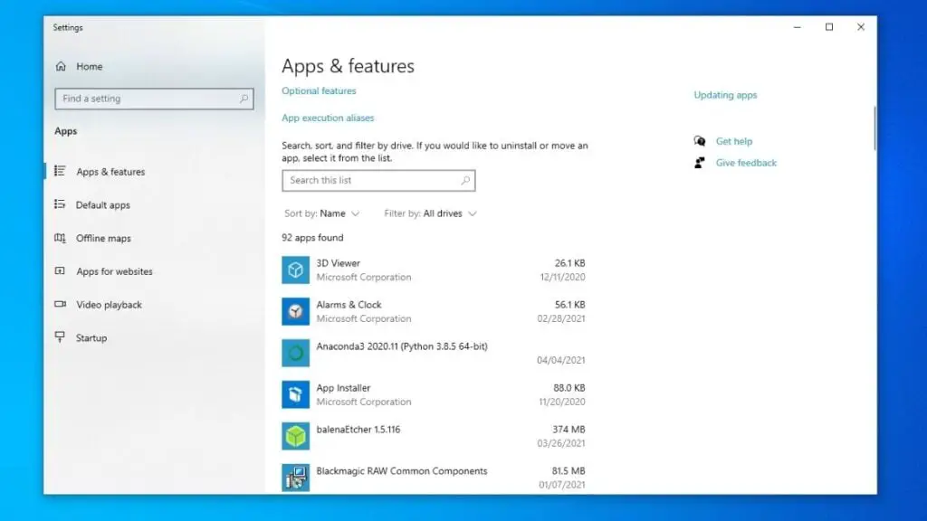 Windows 10 uninstall apps settings