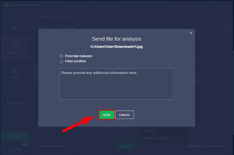 Sending a File for Analysis to Avast