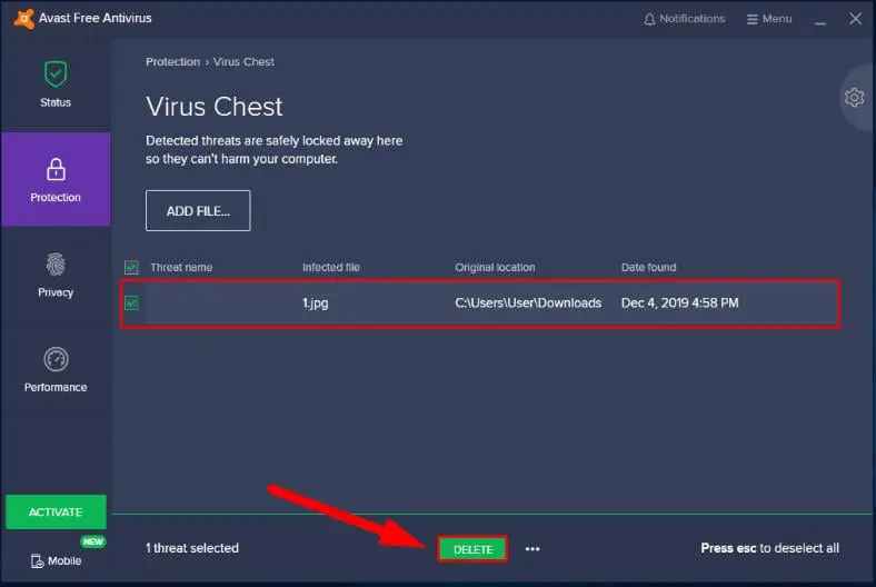 Deleting an Infected File on Avast